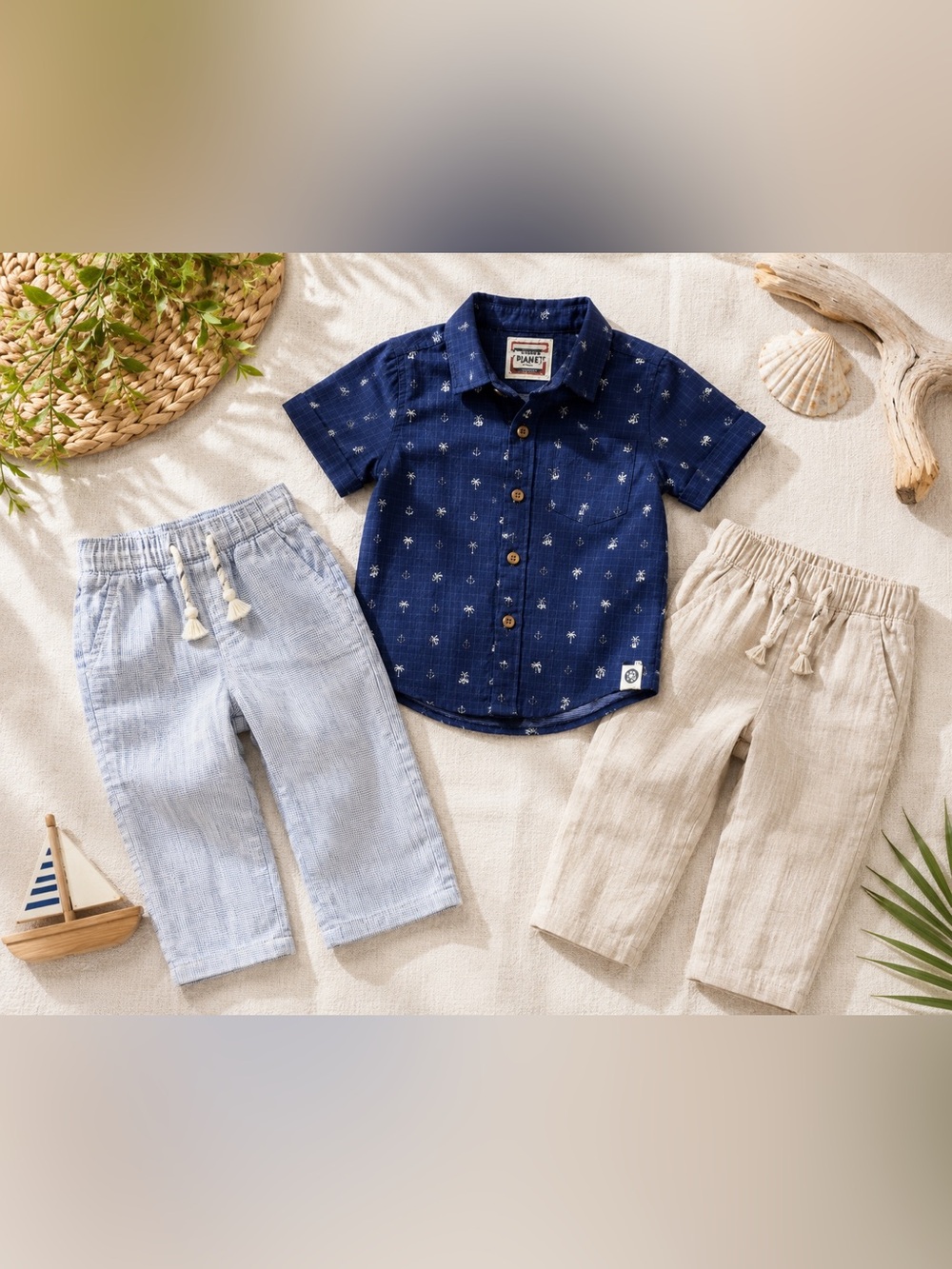 H&M Navy Short-Sleeve Palm Button-Down Shirt 18M